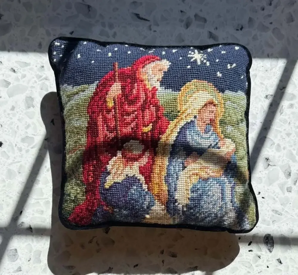 Vintage Needlepoint Christmas Pillow Nativity scene Velvet Back 9x9 inches